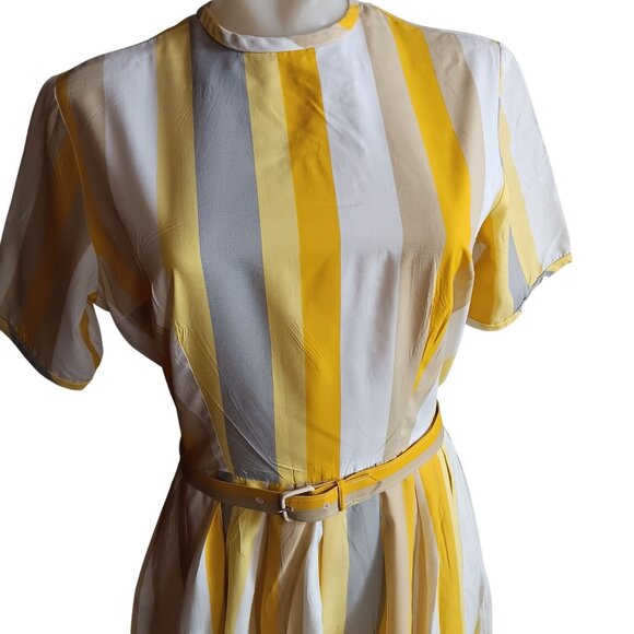 sz 8 Vintage Rockabilly Dress 1950's Jane Ann Yellow White Striped Belted USA - Picture 2 of 11